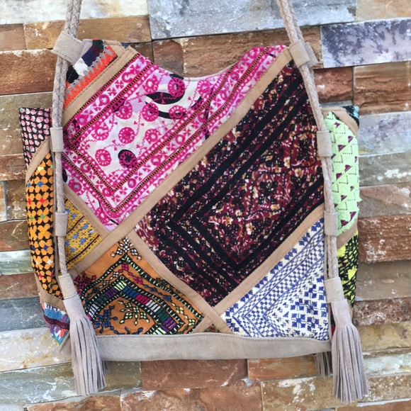 IbBan leather boho beaded shoulder tote. - Picture 2 of 9